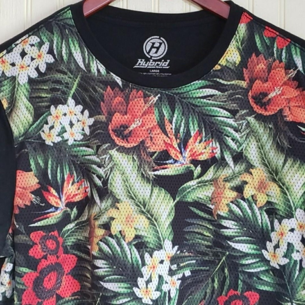 Hybrid Tees Shirt Mens Large Multicolor Tropical Floral Mesh Front Hawaiian Tee‎